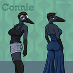 anthro beak big_breasts black_body black_clothing black_eyeshadow black_hair black_shirt black_tank_top black_topwear blue_clothing blue_dress blue_eyes bottomwear breasts butt clothed clothing denim denim_bottomwear denim_clothing dress eyelashes eyeshadow eyewear female glasses hair looking_at_viewer makeup non-mammal_breasts rear_view round_glasses shirt shorts side_view simple_background solo tank_top topwear cayugo connie_(cayugo) avian bird corvid corvus_(genus) crow oscine passerine 1:1 2023 digital_media_(artwork) hi_res signature