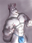 3:4 abs anthro biceps biped bulge canid canine canis claws clothed clothing detailed_bulge fur genital_outline male mammal muscular muscular_anthro muscular_male nipples pecs penis_outline poop_(artist) pose sketch skimpy solo speedo standing swimwear thong topless underwear white_body white_fur wolf