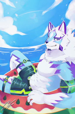 abs anthro athletic athletic_anthro athletic_male blue_eyes bottomwear clothing fur grin inflatable male multicolored_body multicolored_fur pecs pool_float sea shorts smile solo swimwear water 815147h lifewonders live_a_hero sadayoshi canid canine mammal hi_res