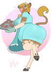 action_pose anthro apron big_butt blonde_hair blouse braided_hair braided_pigtails brown_body brown_fur butt clothing cloven_hooves cookie cowbell dock_(anatomy) female food freckles fur glistening glistening_butt glistening_eyes hair handwear hooves horn jewelry looking_at_viewer looking_back markings necklace oven_mitts pigtails pink_mouth pose pregnant pregnant_anthro pregnant_female raised_leg rear_view solo spots spotted_markings tail tail_tuft tan_body tan_fur teal_eyes topwear tray tuft lillymoo bethany_genisse bovid bovine cattle mammal 2022 hi_res