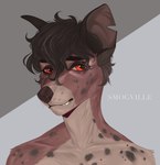 anthro brown_body brown_fur brown_hair brown_spots facial_spots fur glistening glistening_eyes hair looking_at_viewer male red_eyes solo spots spotted_face spotted_shoulders tan_body tan_fur whiskers smogville canid mammal bust_portrait hi_res portrait