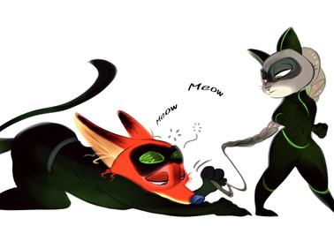 animal_noises anthro bodysuit clothed clothing cosplay crossover_cosplay duo fake_ears fake_rabbit_ears female fur grey_body grey_fur male male/female mask meow narrowed_eyes orange_body orange_fur simple_background skinsuit tan_body tan_fur text tight_clothing white_background nibkman0304 disney zootopia judy_hopps nick_wilde canid canine european_rabbit fox lagomorph leporid mammal oryctolagus rabbit red_fox true_fox crossover hi_res translation_request