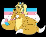 absurd_res andromorph anthro blonde_hair blue_bow blue_eyes brown_eyes brown_nose canid canine confident femboy flat_colors fox fur genitals hair heterochromia hi_res intersex lgbt_pride long_hair lucian_(thecatherd) mammal mastectomy_scar multi_tail nipples pink_nipples pink_pussy ponytail pride_color_background pride_colors pussy scar sectoral_heterochromia simple_background smile smirk solo surgical_scar tail thecatherd trans_(lore) trans_man_(lore) white_body white_fur yellow_body yellow_fur