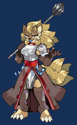 anthro armor blonde_hair blue_tongue bottomwear brown_hair clothing fangs female hair mace melee_weapon skirt solo teeth tongue tongue_out unusual_eyes weapon eggychaze asian_mythology east_asian_mythology mythology paizo pathfinder oracle shigou_(whispwhim) foo_dog mammal absurd_res alpha_channel hi_res