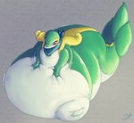 ambiguous_gender anthro balloon belly belly_expansion belly_squish big_belly big_tail blue_kerchief expansion glistening glossy_body grey_background grin hand_on_belly hand_on_own_belly huge_belly huge_tail hyper hyper_belly hyper_tail inflatable inflation kerchief looking_down massive_belly pear-shaped_figure permagrin red_eyes simple_background smile solo squish tail tail_expansion wide_hips wrinkled_skin wrinkles stormdragonblue nintendo pokemon smugleaf_(character) animate_inanimate generation_5_pokemon living_balloon living_inflatable pokemon_(species) snivy 2023 absurd_res hi_res signature male_(lore)