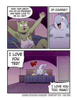 5_fingers anthro anus armpit_hair backsack balls bed bedroom between_legs blush bodily_fluids body_hair bottomless clothed clothing cum cum_on_chest cum_on_clothing cum_on_face cute_fangs dialogue duo excited fangs fin fingers from_front_position fur furniture genital_fluids genitals gills green_body green_fur green_hair grey_body hair happy i_love_you inside inviting_to_sex male male/male mating_press moobs nightstand nipples non-mammal_nipples on_bed open_mouth open_smile overweight partially_clothed raised_tail sex sharp_teeth shirt smile spread_arms spread_legs spreading sweat tail tail_fin tank_top teeth text the_end topwear whiskers white_clothing white_shirt white_topwear t0l0k isaac_(t0l0k) ted_(t0l0k) domestic_cat felid feline felis fish mammal marine shark comic end_page english_text hi_res