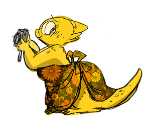 3_toes 5_fingers anthro barefoot biped clothed clothing dress eyewear feet female fingers glasses scales simple_background solo toes white_background yellow_body yellow_scales appulsprite undertale undertale_(series) alphys lizard reptile scalie 2016 6:5 source_request