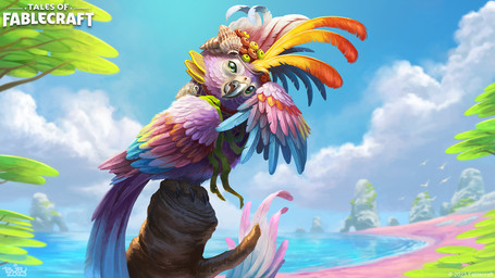 ambiguous_gender beach beak blue_body blue_feathers clothing cloud day detailed_background feathers feet feral hat headgear headwear looking_at_viewer open_mouth outside pink_body pink_feathers rock seashell shell solo standing tail talons toes brian_valeza tales_of_fablecraft avian bird 16:9 2023 digital_media_(artwork) hi_res official_art widescreen
