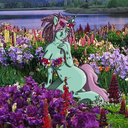 anthro anthrofied biped blue_eyes bottomless bra breasts cleavage clothed clothing crown dreadlocks female flower green_body hair headgear horn kneeling lake looking_at_viewer navel outside plant purple_hair solo text underwear water lovingwolf friendship_is_magic hasbro my_little_pony fan_character arthropod changeling_(mlp) 1:1 english_text hi_res