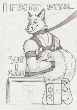 anthro arm_tuft bdsm bondage bound cheek_tuft closed_smile collar elbow_tuft facial_tuft harness head_tuft humor leash looking_at_viewer looking_back male male_anthro mouth_closed narrowed_eyes neck_tuft pun slim_anthro slim_male smile solo text tuft hufnaar nintendo nintendo_switch canid canine fox mammal absurd_res english_text hi_res sketch