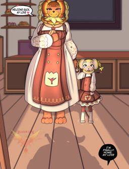 anthro bakery big_breasts blush blush_lines bodily_fluids breasts clothed clothing crying dialogue female group hair hand_holding male male/female pokemorph shadow smile tears tears_of_joy text trio lobovalkiria nintendo pokemon blazerlink rya_(fidough) tasha_(dachsbun) canid canine dachsbun fidough generation_9_pokemon human mammal pokemon_(species) shiny_pokemon absurd_res comic english_text hi_res url watermark daughter_(lore) mother_(lore) mother_and_child_(lore) mother_and_daughter_(lore) parent_(lore) parent_and_child_(lore) parent_and_daughter_(lore)