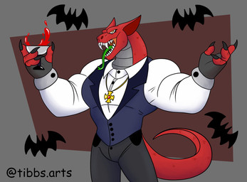 4_fingers anthro bottomwear clothing container cup fingers male orange_eyes pants red_body sharp_teeth solo tail teeth tongue tongue_out uniform vampire_costume tibbs mythology baku_(tibbs) dragon mythological_creature mythological_scalie scalie hi_res