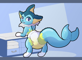 3_fingers ambiguous_gender blue_body blue_nose blue_tail bodily_fluids changing_table clothed clothing diaper diaper_only digitigrade feral fin fingers folded_diaper genital_fluids gloves_(marking) leg_markings looking_at_viewer looking_back markings narrowed_eyes open_mouth reflective_body simple_background socks_(marking) solo standing tail tail_fin topless unclean_diaper urine urine_absorption used_diaper watersports wearing_diaper wet_diaper yellow_body meowstic_(artist) nintendo pokemon puddles_(vaporeon) eeveelution generation_1_pokemon pokemon_(species) vaporeon absurd_res hi_res letterbox