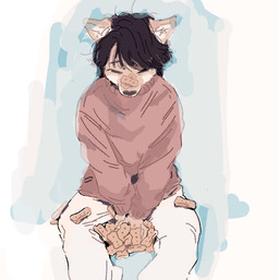 anthro black_hair bottomwear clothing dog_food dog_treat hair looking_down male pants pet_food simple_background sitting solo sweater topwear sori0414 cure_(movie) mamiya_(cure) canid canine canis domestic_dog mammal shiba_inu spitz hi_res