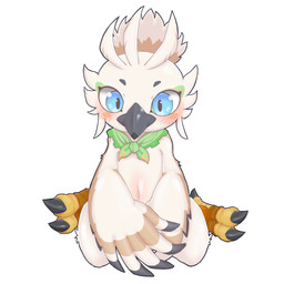 3_toes ambiguous_anthro ambiguous_gender anthro beak biped black_beak black_body black_eyebrows black_feathers blue_eyes blush blush_lines blush_stickers brown_body brown_feathers cheek_tuft covering covering_crotch covering_self eyebrows facial_markings facial_tuft feather_hair feather_hands feathers feet fingerless_(marking) glistening glistening_body glistening_eyes green_kerchief green_neckerchief head_markings kerchief kerchief_only kneeling looking_at_viewer markings mostly_nude mostly_nude_ambiguous mostly_nude_anthro mouth_closed multicolored_body multicolored_feathers navel neckerchief neckerchief_only neckwear non-mammal_navel orange_cheeks orange_kerchief orange_neckerchief pseudo_hair scuted_feet scutes simple_background solo talons toes tuft white_background white_body white_feathers white_pseudo_hair young young_ambiguous young_anthro suzuki_(2023) nintendo the_legend_of_zelda tulin_(tloz) avian rito 1:1 2024 digital_media_(artwork) hi_res male_(lore)