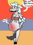 anthro belly big_belly bodily_fluids breasts duo female hooves nervous offscreen_character pregnant shush solo_focus sweat text unbirthing vaginal vore momiji_the_dolf_(artist) dolf momiji_the_dolf_(character) bovid canid canine canis caprine deer domestic_sheep mammal sheep wolf absurd_res digital_media_(artwork) english_text hi_res