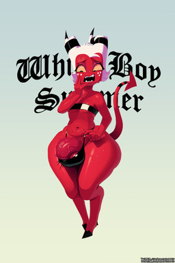 balls bodily_fluids clothing embarrassed gasp genitals hair hooves horn male open_mouth penis red_body simple_background solo spade_tail sweat swimwear tail text thick_thighs vein veiny_penis white_hair wide_hips yellow_sclera dracreloaded hellaverse helluva_boss moxxie_(helluva_boss) demon imp absurd_res english_description english_text hi_res