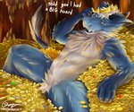 abs anthro arm_tuft blue_body blue_eyes blue_fur cave coin crown dialogue diamond_(gem) fingers fluffy fur gem gold_(metal) gold_coin gold_jewelry headgear hoard horn jewelry lying male muscular muscular_male on_back open_mouth ruby_(gem) shoulder_tuft sitting solo tail text tongue tongue_out treasure tuft white_body white_fur galma mythology dragon furred_dragon furred_scalie mythological_creature mythological_scalie scalie 2024 6:5 absurd_res digital_media_(artwork) digital_painting_(artwork) english_text hi_res painting_(artwork) shaded signature traditional_media_(artwork) url