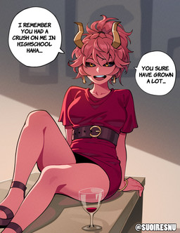 biped breasts clothed clothing dialogue dress female hair not_furry pink_body pink_hair pupils red_clothing sitting smile speech_bubble text thick_thighs suoiresnu my_hero_academia ashido_mina humanoid absurd_res english_text hi_res