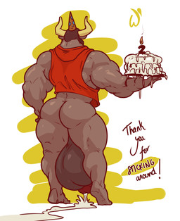 anthro back_muscles backsack balls barefoot biceps big_balls big_butt big_muscles big_penis biped bodily_fluids bottomless butt cake candle clothed clothing cum cum_drip cum_on_ground cum_pool curved_horn dessert dripping ejaculation excessive_cum excessive_genital_fluids exclamation_point feet fire flaccid food fur genital_fluids genitals glans glistening hair hat headgear headwear holding_food holding_object horn huge_balls huge_muscles huge_penis humanoid_feet humanoid_hands humor hyper hyper_balls hyper_genitalia hyper_penis male manly muscular muscular_anthro muscular_arms muscular_male outstretched_arm party_hat pattern_background penis plantigrade pose pun quads rear_view shirt short_fur short_hair simple_background smoke solo standing tank_top text thick_thighs toes topwear triceps visual_pun whatinsomnia bovid bovine cattle mammal cel_shading digital_media_(artwork) english_text hi_res shaded signature