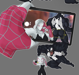 big_butt big_muscles black_body blush bubble_butt butt cellphone clothing costume duo electronics emblem empty_eyes female male muscular not_furry oh_shit open_mouth phone selfie sharp_teeth smartphone teeth dummydurzz marvel gwen_stacy spider-gwen venom_(marvel) alien alien_humanoid human humanoid mammal symbiote digital_media_(artwork)