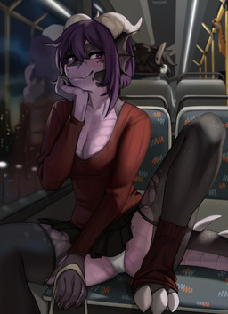 anthro bus clothed clothing commercial_vehicle exhibitionism female horn legwear panties presenting_underwear public sitting solo teasing thigh_highs underwear upskirt vehicle white_clothing white_panties white_underwear spuydjeks mythology spuydjeks_(character) yubi_clearsky dragon hyena mammal mythological_creature mythological_scalie scalie hi_res