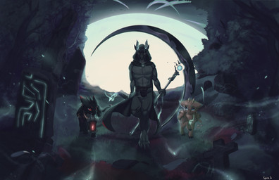 anthro athletic axe cape clothed clothing cross eyewear feral full_moon grass group holding_object holding_weapon hood horn lamp lantern looking_at_viewer male melee_weapon moon night outside oversized_weapon plant sky smile tombstone tree walking weapon sylviajo unknown_species 2018 absurd_res hi_res