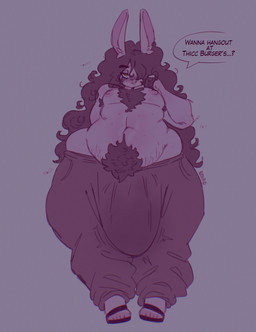 anthro armpit_hair big_bulge body_hair bottomwear bulge chest_hair clothing dialogue flies_for_smell footwear hair huge_bulge hyper hyper_bulge long_hair male moobs pants pubes sandals shoes slightly_chubby solo stretch_marks wet wet_bottomwear wet_clothing wet_pants eldiipiid rich_(eldiipiid) arthropod fly_(animal) insect lagomorph leporid mammal rabbit 2026 hi_res