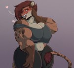 2022 5_fingers anthro bent_arm big_breasts blue_eyes blush blush_lines bottomwear breasts brown_body brown_eyebrows brown_fur brown_hair brown_lips brown_spots brown_tail clawed_fingers cleavage clothed clothed_anthro clothed_female clothing crop_top curvy_anthro curvy_female curvy_figure digital_drawing_(artwork) digital_media_(artwork) ear_piercing embarrassed eyebrows fan_character fangs felid feline female female_anthro fingers fur grey_background grey_body grey_fur hair hand_on_face heart_symbol hi_res lips long_tail looking_back mammal markings medium_hair midriff multicolored_body multicolored_fur muscular muscular_anthro muscular_female navel open_mouth open_smile pants piercing red_nose red_tongue shirt sigh simple_background smile solo spots spotted_body spotted_fur spotted_markings spotted_tail standing star_wars tail tail_markings teeth thick_bottom_lip thick_eyebrows thick_thighs togorian tongue topwear two_tone_body two_tone_fur volkenfox zahrina_(volkenfox)