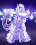 accessory anthro big_breasts blue_eyes blue_markings breasts brown_markings clothed clothing dress female front_view fur grey_body grey_fur hair huge_breasts looking_at_viewer markings mouth_closed pupils purple_clothing purple_dress slit_pupils solo standing white_clothing white_dress white_hair tiggybloom felid mammal 2019 full-length_portrait hi_res portrait