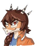 anthro blep braided_hair braided_ponytail brown_hair facial_horn female hair head_spikes horn looking_at_viewer nose_horn one_eye_closed ponytail red_eyes simple_background smile smiling_at_viewer snout solo spikes spikes_(anatomy) tongue tongue_out white_background napkinbot cavemanon_studios snoot_game maria_(snoot_game) aquilops ceratopsian dinosaur ornithischian prehistoric_species reptile scalie bust_portrait colored colored_sketch portrait sketch