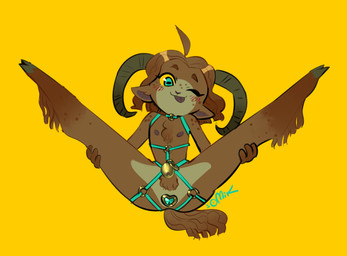 2_horns anal anal_penetration anthro areola biped blue_eyes blush blush_lines bovid_horn brown_body brown_hair buttplug buttplug_in_ass buttplug_insertion caprine_horn chastity_cage chastity_cage_only chastity_device chastity_device_only chest_tuft cloven_hooves eyebrows femboy front_view gem genitals gold_(metal) gold_chastity_cage gold_chastity_device hair harness heart_buttplug hooves horizontal_pupils horn jewel_buttplug looking_at_viewer male nipples nude object_in_ass one_eye_closed penetration penis plug_(sex_toy) plug_insertion presenting presenting_penis pupils ram_horn sex_toy sex_toy_in_ass sex_toy_insertion short_hair short_tail simple_background sitting solo spread_legs spreading tail tongue tongue_out tuft unguligrade unsupported_chastity_cage wearing_chastity_cage wearing_chastity_device wink winking_at_viewer yellow_sclera somik vivian_(somik) bovid caprine mammal 2020