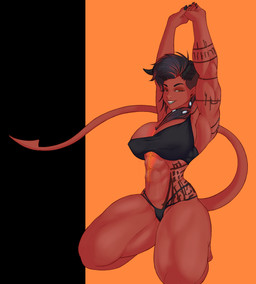 abs bedroom_eyes big_breasts black_hair bra breasts clothing feet female fingers hair half-closed_eyes horn humanoid_pointy_ears looking_at_viewer markings muscular muscular_female muscular_humanoid muscular_thighs narrowed_eyes not_furry panties pointy_ears red_body red_skin seductive simple_background sitting smile solo spade_tail stretching tail teeth underwear f_draws baldur's_gate baldur's_gate_3 larian_studios karlach demon demon_humanoid horned_humanoid humanoid mammal tiefling digital_media_(artwork) hi_res