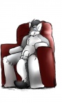 3:5 animal_genitalia anthro balls canid canine canis chair chibi fully_sheathed furniture genitals hakijagu1 male mammal nude sheath simple_background solo tail white_background wolf