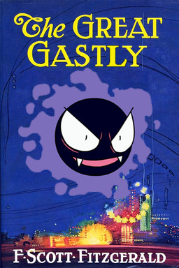 abstract_background ambiguous_gender book fangs floating front_view humor levitation looking_forward not_furry nude open_mouth open_smile parody smile solo teeth text toony unknown_artist nintendo pokemon the_great_gatsby gastly generation_1_pokemon ghost pokemon_(species) sphere_creature spirit english_text