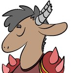 ambiguous_gender anthro armor broken_horn brown_body brown_fur clothed clothing eyes_closed fur grey_hair grey_horn hair horn pauldron red_clothing red_topwear short_hair simple_background solo topwear white_background manitka manitka_storm bovid bovine cattle mammal 1:1 2019 digital_media_(artwork) low_res