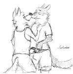 anthro anthro_on_anthro assisted_exposure blush bottomwear butt clothed clothing duo imminent_sex male male/male shirt shorts simple_background smile standing tank_top topwear white_background grivaire disney zootopia gary_(zootopia) larry_(zootopia) canid canine canis mammal wolf black_and_white monochrome sketch