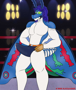 antennae_(anatomy) anthro aroused blue_body blue_fur blue_hair bodily_fluids bulge camera_flash clothing cum cum_drip cum_in_clothing cum_through_clothing dripping erection fighting_ring fur genital_fluids green_eyes hair hand_on_hip lights long_hair looking_at_viewer male mandibles multicolored_body precum public public_erection solo speedo swimwear tenting wet wet_clothing white_body white_fur wings yellow_hands kaejaris_(artist) leo_yokutan arthropod insect lepidopteran moth absurd_res hi_res