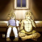 abs anthro biceps black_nose blush brown_body brown_fur clothed clothing duo frown fur hand_holding male male/male muscular orange_body orange_fur pecs romantic romantic_ambiance romantic_couple shy stripes tail topless underwear toku canid canine canis felid mammal pantherine tiger wolf 1:1