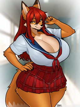 anthro arm_tuft asian_clothing big_breasts bottomwear breasts cleavage clothed clothing collarbone dipstick_ears dipstick_tail ear_markings east_asian_clothing elbow_tuft eyebrows eyelashes female hair hand_on_hip huge_breasts japanese_clothing japanese_school_uniform kerchief markings multicolored_ears neckerchief neckwear pleated_skirt red_hair school_uniform serafuku skirt smile solo tail tail_markings thick_thighs tuft uniform wide_hips yellow_eyes blazbaros canid canine fox mammal red_fox true_fox 2026 3:4 hi_res