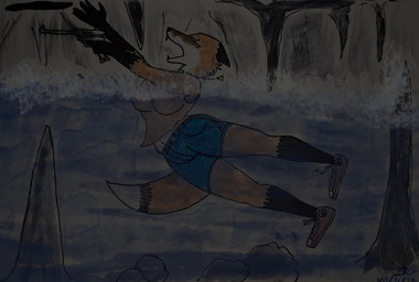 anthro black_body black_fur bottomwear brown_body brown_fur cave clothed clothing converse_shoes darkness denim denim_bottomwear denim_clothing denim_shorts ears_down eyes_closed fangs female fur gloves_(marking) gun handgun hole_(pit) jewelry leg_markings markings necklace orange_body orange_fur partially_submerged pistol pivoted_ears raised_hands ranged_weapon river rock scared screaming shirt shorts socks_(marking) solo stalactite stalagmite swept_off_feet tank_top teeth topwear underground underground_river water weapon white_body white_fur gotadraw ruger_(brand) trisha_(gotadraw) canid canine fox mammal red_fox true_fox absurd_res digital_media_(artwork) hi_res mixed_media story story_in_description traditional_media_(artwork)