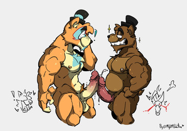 anthro balls bodily_fluids clothing curved_penis duo erection frottage fur genital_fluids genitals half-closed_eyes hat hat_only headgear headgear_only headwear headwear_only humanoid_genitalia humanoid_penis leaking_precum male male/male mostly_nude muscular muscular_anthro muscular_male narrowed_eyes nipples nude pecs penile penis penises_touching precum precum_string sex simple_background smile standing tail top_hat_only mylittvalentine five_nights_at_freddy's five_nights_at_freddy's:_security_breach scottgames steel_wool_studios freddy_(fnaf) glamrock_freddy bear mammal ursine digital_media_(artwork) hi_res
