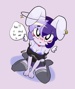 3_fingers :3 anthro blush breasts clothed clothing dialogue female fingers legwear looking_at_viewer looking_up looking_up_at_viewer solo speech_bubble talking_to_viewer text thigh_highs tongue tongue_out stellarmoon lagomorph leporid mammal rabbit absurd_res english_text hi_res