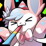 blue_hair celebrating clothing confetti emote eyes_closed gloves_(marking) hair happy hat headgear headwear markings multicolored_body party_hat pawpads pink_body raised_arms solo two_tone_body white_body blitzdrachin conditional_dnp nintendo pokemon eeveelution generation_6_pokemon pokemon_(species) sylveon 1:1 low_res reaction_image