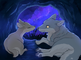4_toes ambiguous_gender brown_body cave detailed_background duo eyes_closed feet feral fur grey_body grey_fur lying night pawpads paws sky star starry_sky toes yellow_eyes fusau canid canine canis deer mammal wolf 2025 detailed digital_media_(artwork) hi_res