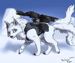 3_tails ambiguous_gender blue_eyes exposure_variation feral fluffy fur gun harness multi_tail quadruped ranged_weapon side_view snow solo tail weapon white_body white_fur naysayingmongrel the_nature_of_predators alien arctic_fox canid canine fox jaslip_(the_nature_of_predators) mammal true_fox 6:5 absurd_res hi_res