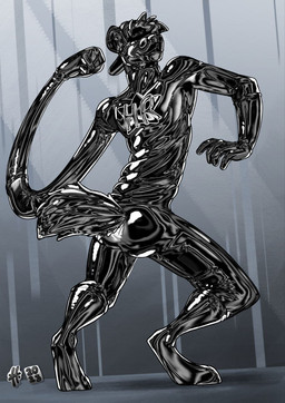 abstract_background anthro black_body black_clothing black_hat black_headwear black_nose black_tail butt clothing digitigrade hat headgear headwear long_arm male male_anthro mouth_closed slim_anthro slim_male solo standing tail hufnaar canid canine canis hybrid hyena latex_creature mammal wolf hi_res