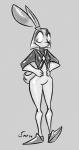 anthro armwear bottomless breasts clothed clothing elbow_gloves featureless_crotch female fur gloves hair hands_on_hips handwear looking_back shirt simple_background solo standing tight_clothing topwear saliant sega sonic_the_hedgehog_(series) fan_character hare lagomorph leporid mammal 2014 absurd_res greyscale hi_res monochrome