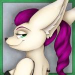 anthro border female fur green_border grey_background hair looking_at_viewer looking_back simple_background smile solo dunnowhattowrite canid canine fennec_fox fox mammal true_fox 1:1