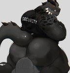 anthro big_butt black_body black_scales blush bodily_fluids bottomless bouncer butt clothed clothing duo facial_horn fangs furgonomics grey_body grey_skin horn larger_male looking_at_another looking_back male male/male muscular muscular_male musk nails orange_eyes rear_view scales security security_guard shirt shirt_only sitting_on_another size_difference sweat tank_top tank_top_only teeth topwear topwear_only bhtoss anon kothu lizard reptile scalie 2019 absurd_res hi_res